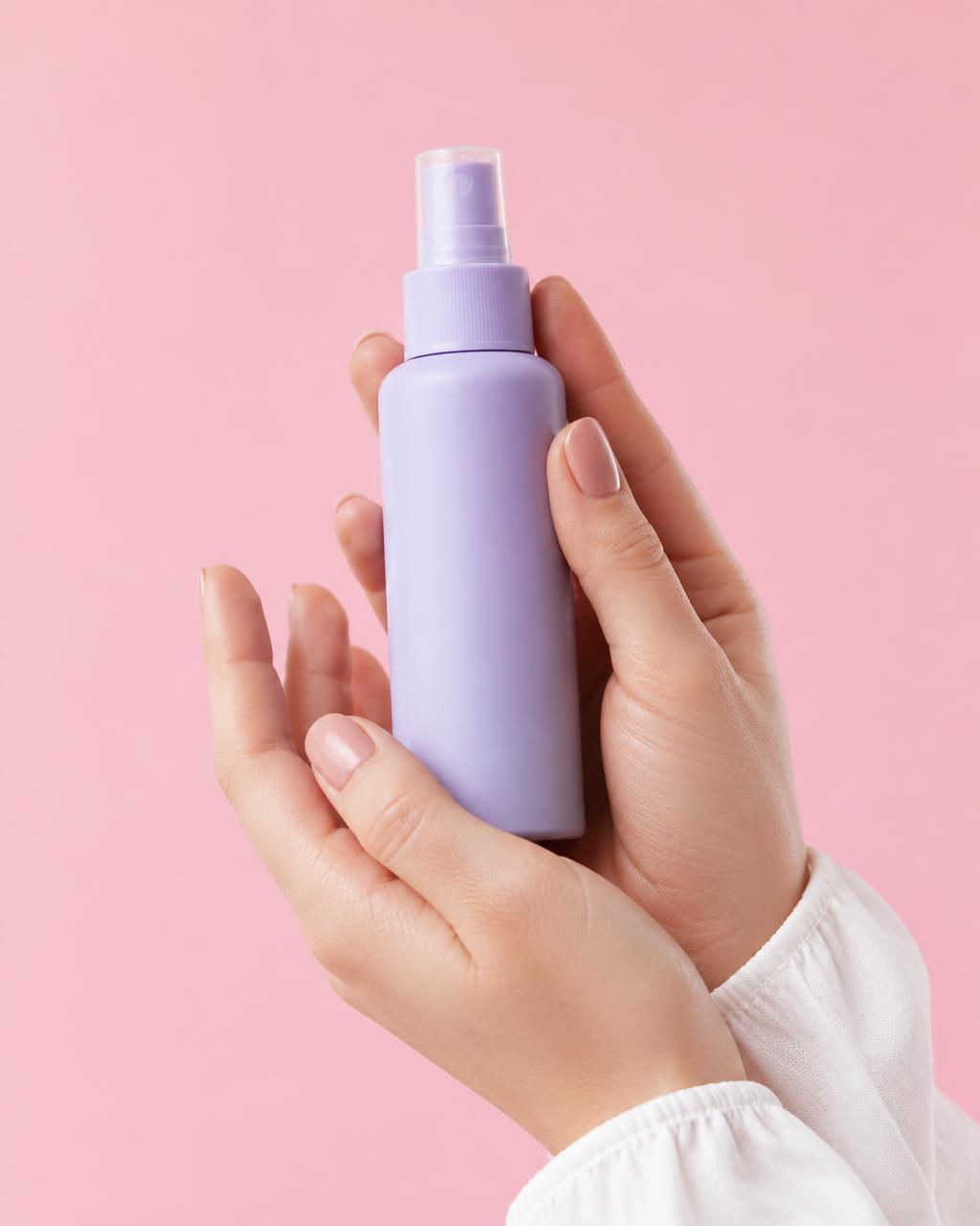 Hands holding a lilac cosmetic spray bottle