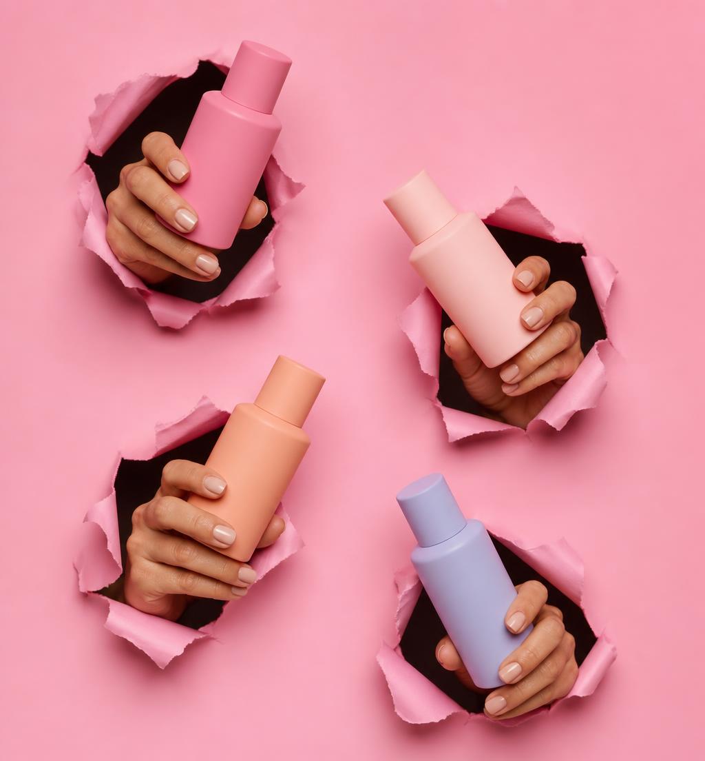 Hands reaching through torn pink paper holding pastel cosmetic bottles