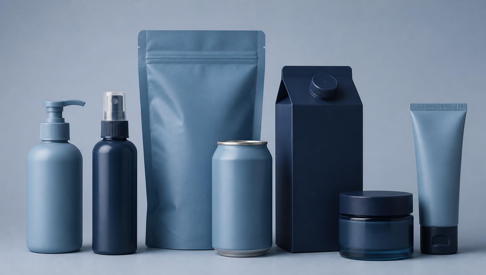 Blue and navy consumer packaging arranged in a studio setting