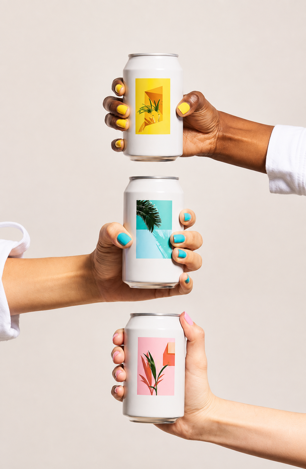 Three hands stacked together holding modern beverage cans with colorful tropical labels